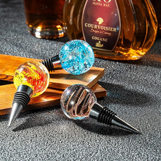 Murano Glass Wine Stopper Bottle Stopper - Wine Saver, Reusable Wine Corks for Beverage, Stainless Steel Wine Stopper For Gifts, Bar, Holiday Party, Wedding