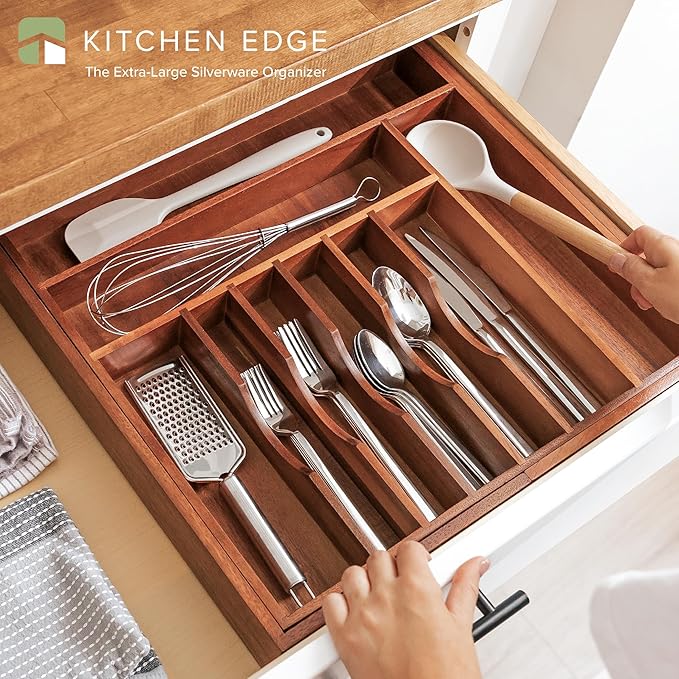 KitchenEdge Premium Silverware, Flatware and Utensil Organizer for Kitchen Drawers, Food-Safe Contract Grade, Expandable from 18 to 33 In, Natural Acacia