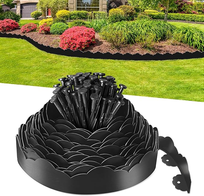 Landscape Edging Border 2.8 in Tall 100FT No Dig Garden Edging Borders with 150pcs Spikes Plastic Lawn Edging for Yard, Pathway and Flower Beds Fence, Black