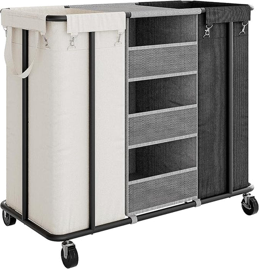 WOWLIVE Laundry Sorter 2 Section 200L Rolling Laundry Hamper with Hanging and Removable Bags Laundry Cart with Steel Frame and Storage Unit Large Basket Organizer for Dorm, Bathroom (Beige and Black)
