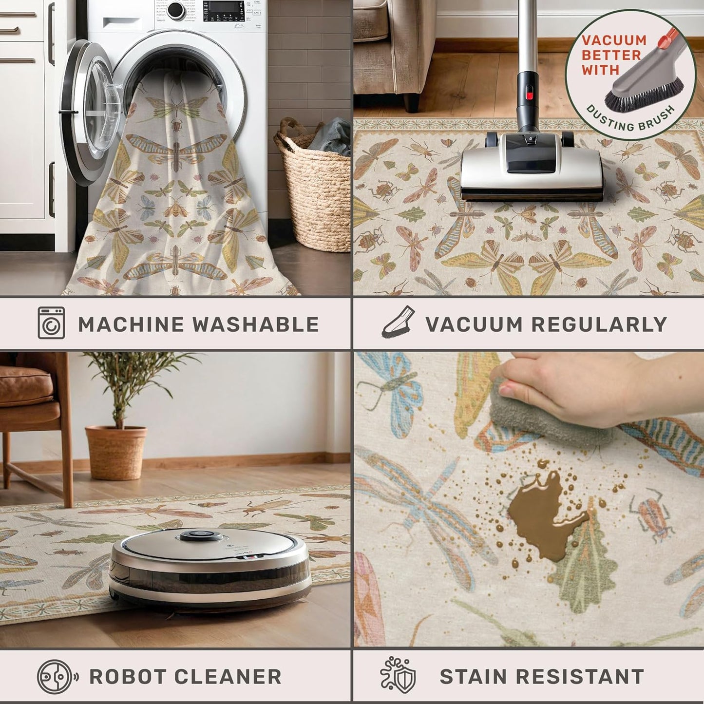 Floral 4x6 Rugs for Small Living Room - Beige and Yellow Pastel, Low Pile Non Slip Stain Resistant Throw Rug for Under Bed, Large Entryway, Kitchen, Floor Carpet Aesthetic Kids