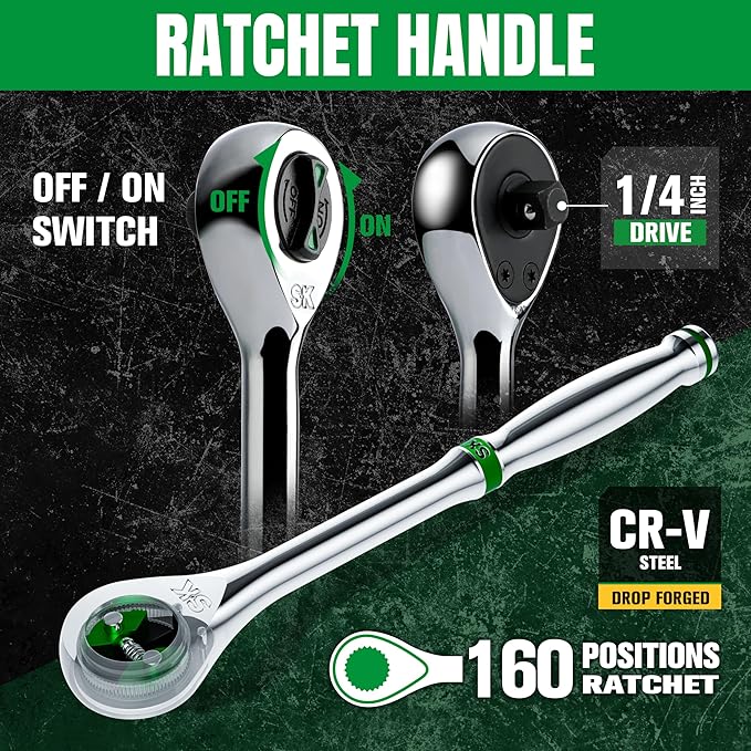 SK 1/4" Drive Socket Set with 160-P Ratchet, 30-Piece, Metric, SuperKrome Finish, Premium CR-V Construction, with EVA Foam Tool Organizer