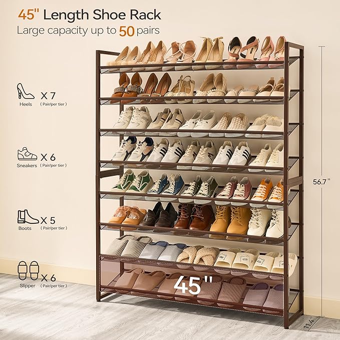 Shoe Rack, Long Shoe Organizer,Max Holds 50 Pairs,8 Tier Metal Shoe Storage Shelf,4-Tier Stackable Shoes Organizer for Garage, Entryway,Bronze