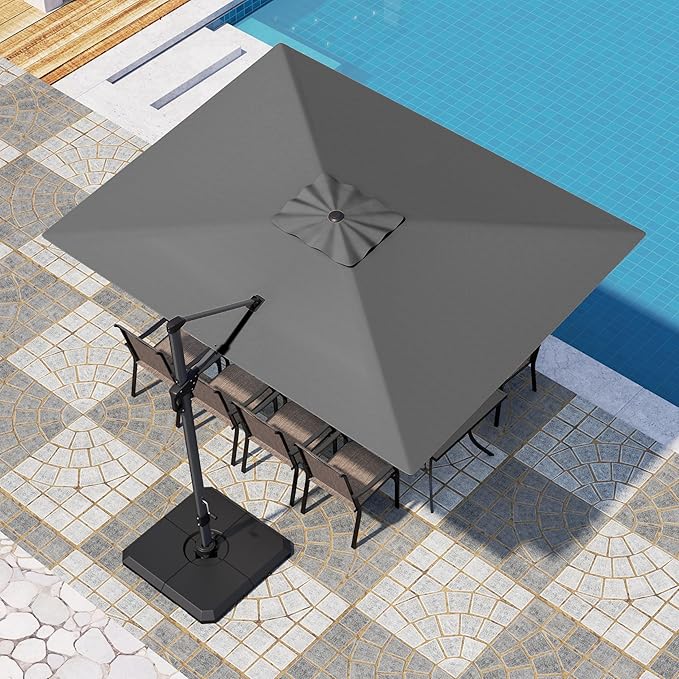 PHI VILLA 9'x12' Outdoor Patio Deck Umbrella with Base. 360° Rotation & 6-Level Tilt with Easy Crank Handle. Rectangle Offset Cantilever Umbrella Heavy Duty for Garden Poolside Backyard (Grey)