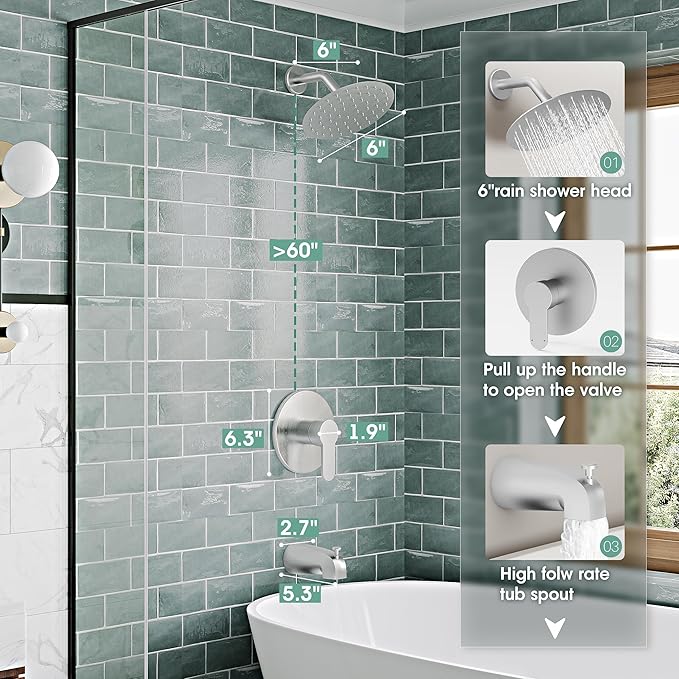 Tub Shower Faucet Set, Tub and Shower Trim Kit with 6 Inch High-Pressure Rian Shower Head,Shower Head and Handle Set, Brushed Nickel