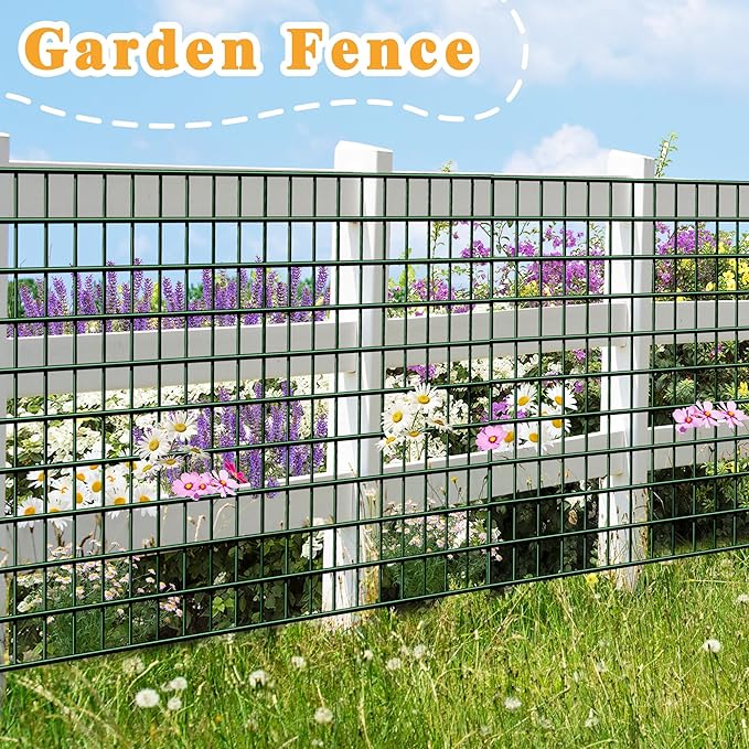 Green Metal Garden Fence, 48inch(H) x 50ft(L), 2 inch x 3 inch,14GA 2/3/4/5/6 Ft Tall Chicken Wire PVC Coated Welded Wire Mesh Roll for Dogs Border Yard Vegetable Plant Protection Poultry Netting