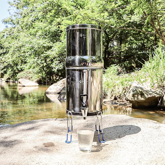 Gravity-Fed Water Filter System, 2.25G Stainless-Steel Countertop System with 2 Black NSF/ANSI 42 Certification Elements, 2 Fluoride, Metal Water Level Spigot, Reduces Fluoride and Chlorine