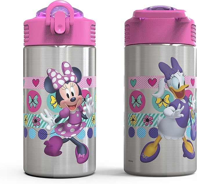 Zak Designs Disney Minnie’s Happy Helpers - Stainless Steel Water Bottle with One Hand Operation Action Lid and Built-in Carrying Loop, Kids Water Bottle with Straw Spout (15.5 oz, 18/8, BPA Free)