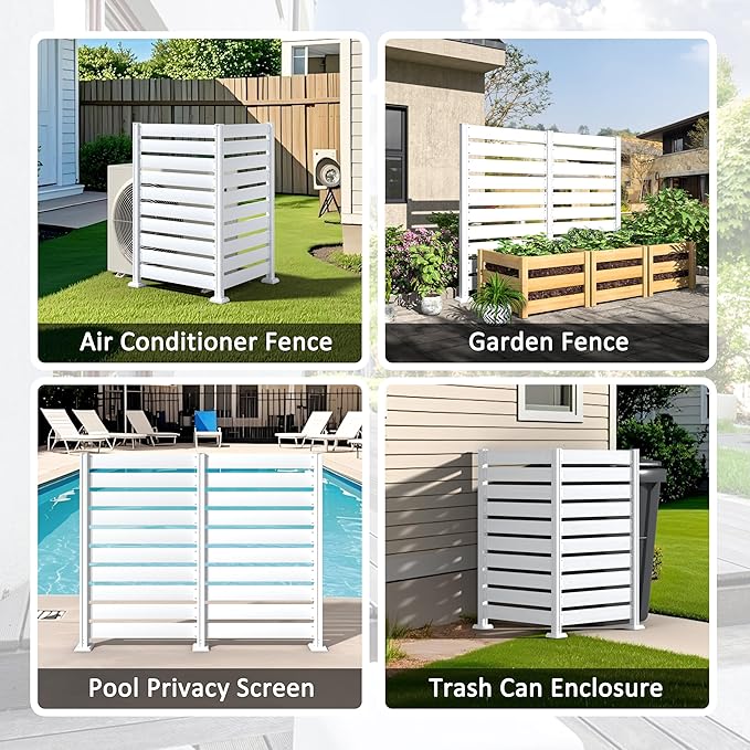 78” W x 60” H Wooden Air Conditioner Fences for Hard Ground & Soft Ground, 2 Outdoor Garden Fences, Privacy Screen Panels with Aluminum Stakes, Trash Can Pool Equipment Enclosure, White