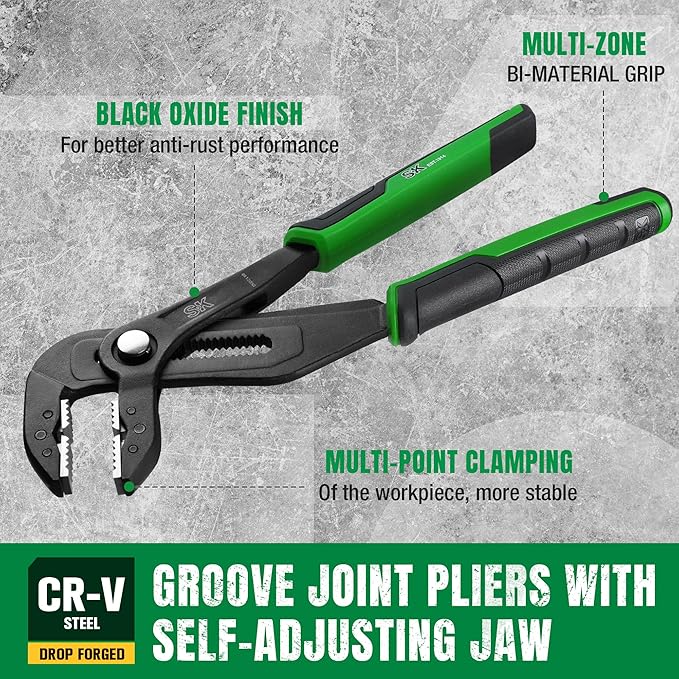 SK 10-Inch Groove Joint Pliers, Water Pump Pliers, Premium CR-V Construction, Self-adjusting Jaw Design, with Comfortable Grips