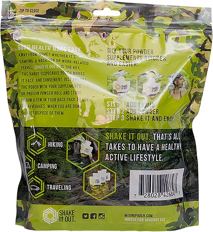 Shake It Out® is the on-the-go beverage container, better mixing, better tasting experience, disposable/recyclable. Compact, flexible design completely dissolves powder Supplements. (Camo, 7 Pack)