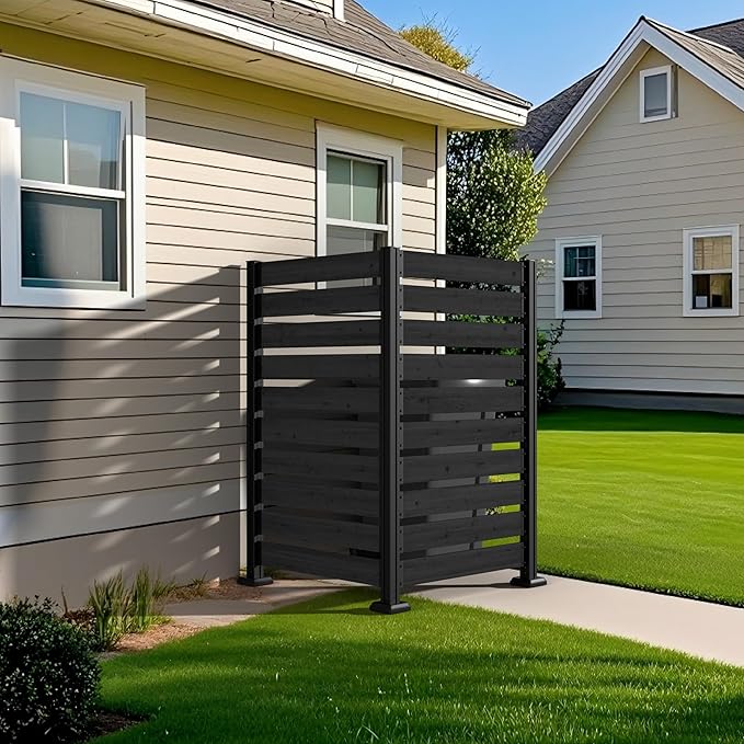 MUPATER 60” H×78” W Outdoor Privacy Screen, Wood Privacy Fence Panel for Hard Ground and Soil, 2 Way to Use, Air Conditioner Fence Kit, Trash Can Enclosure with Aluminum Stakes, Black (2 Panels)