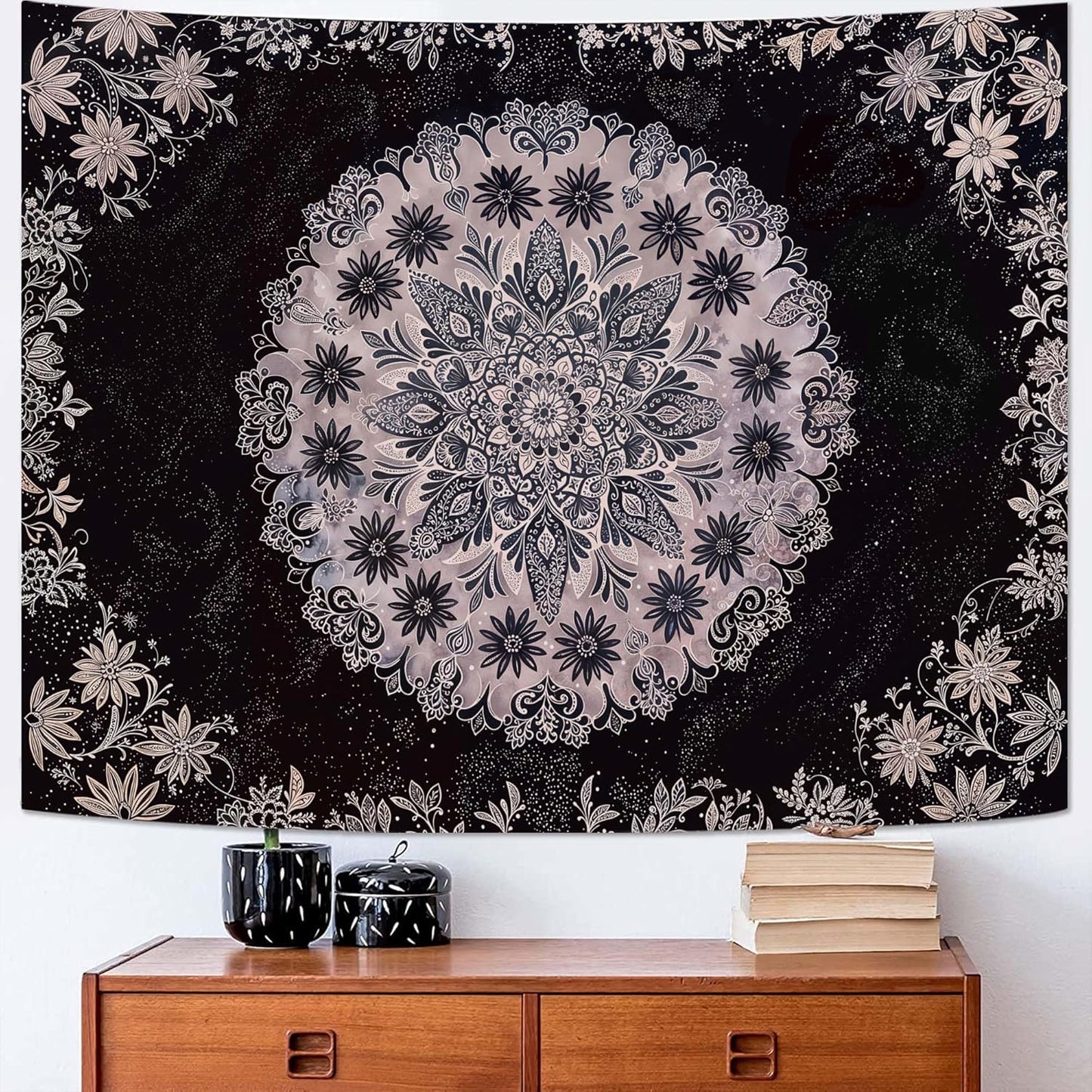 Fowocu Boho Floral Mandala Tapestry Wall Hanging Grey Bohemian Flower Medallion Tapestry Aesthetic Gray Black Hippie Indian Small Tapestries for Bedroom Living Room Dorm Decor 60 x 44 Inch
