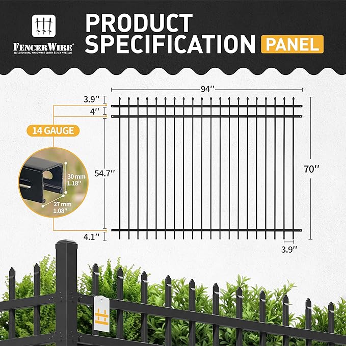 Fencer Wire Pack of 10 Heavy Duty Pinnacle Fence Barrier Panel, 6FT Height X 8FT Width Anti-Rust Metal Fencing Panel, 2” Diameter Steel Outdoor Decorative Garden Fence Panel for Yard, Pool, Patio