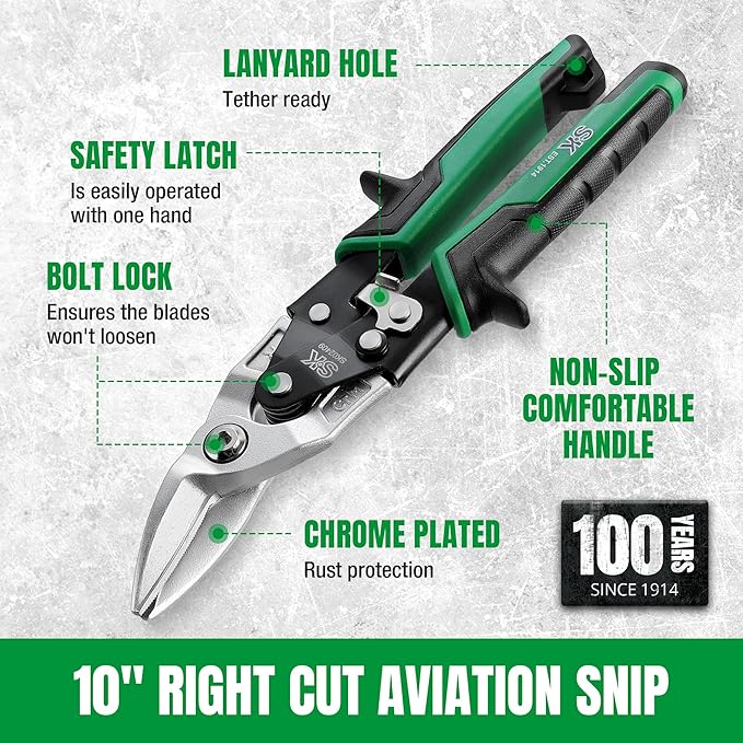 SK 10 Inch Aviation Tin Snips, Right Cut, Cr-Mo Steel Blade, Anti-slip Handle and Safety Latch, for Cutting Sheet Metal