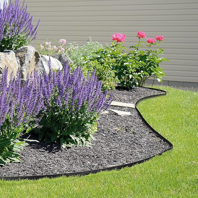 KOL Galvanized Steel Flexible Garden Lawn Edging, 10-Pack Black Metal Landscape Edging Strips - Heavy Duty Hammer-in Border with 11 Clips - 16-Gauge - 40" L x 4.5" H (33FT Total Length)