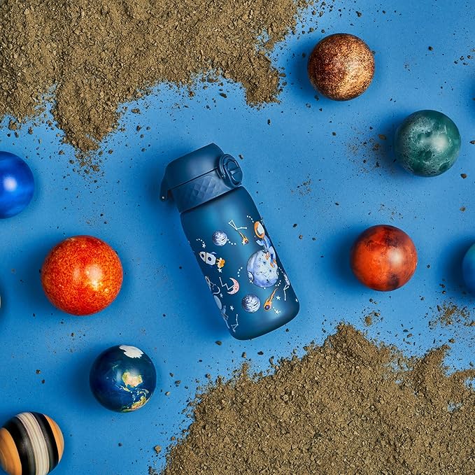 ION8 Small Water Bottle, 350 ml/12 oz, Leak Proof, Easy to Open, Secure Lock, Dishwasher Safe, BPA Free, Carry Handle, Flip Cover, Easy Clean, Odor Free, Carbon Neutral, Deep Teal, Space Travel Design