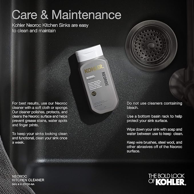 KOHLER K-28000-CM7 Cairn 27.5" Neoroc Composite Undermount Single-Bowl Kitchen Sink, Composite Kitchen Sink with Sink Rack, Matte Graphite