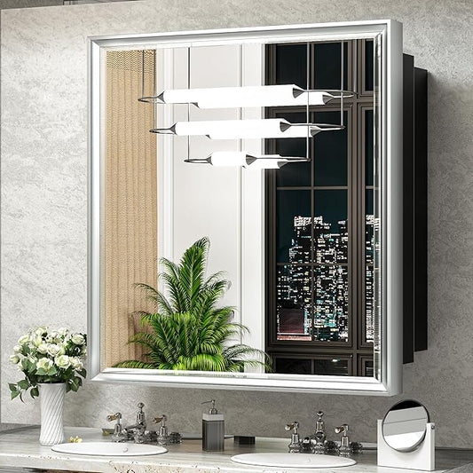 TokeShimi 30x32 Recessed Medicine Cabinet with Mirror Wall Mounted, Metal Beveled Mirror with Storage for Bathroom Vanity, Aluminum Alloy Medicine Cabinet Mirrored Silver
