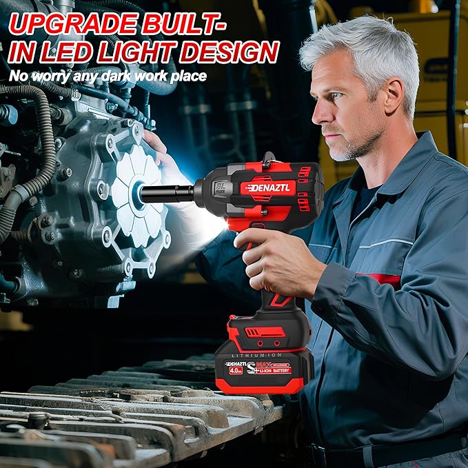 900ft-lbs Impact Wrench 1/2 Cordless Impact Gun, 21V High Torque Impact Driver, Auto-stop, LED Light, 6 Sockets, 2x 4.0Ah Battery& Fast Charger, Electric Impact Wrench for Car/Truck/Mower