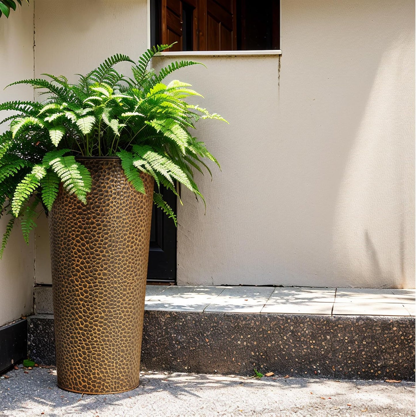 KOL 28" H. Tall Metal Cone Planters with Inner Pots 2-Pack, Bronze Hand-Hammered Large Decor Planter for Deck, Patio, Porch - Handcrafted Flower Pot - with Water Level Indicator - Indoor Outdoor Use