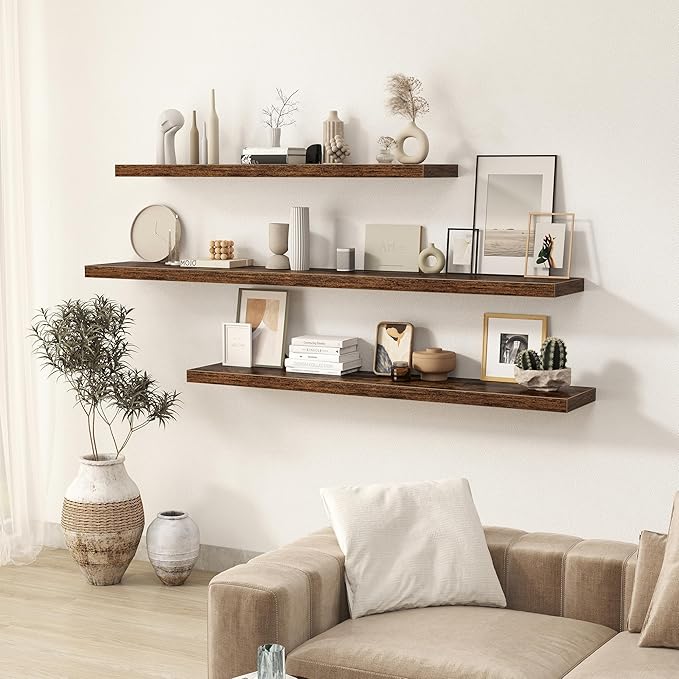 Floating Shelves Wall Shelf 48 Inch, 9.3 Inch Deep Floating Shelf, Farmhouse Black Wood Shelves Invisible Bracket for Living Room, Bedroom, Kitchen, 48 x 9.3 x 1.4 Inch, Set of 2, Rustic Brown