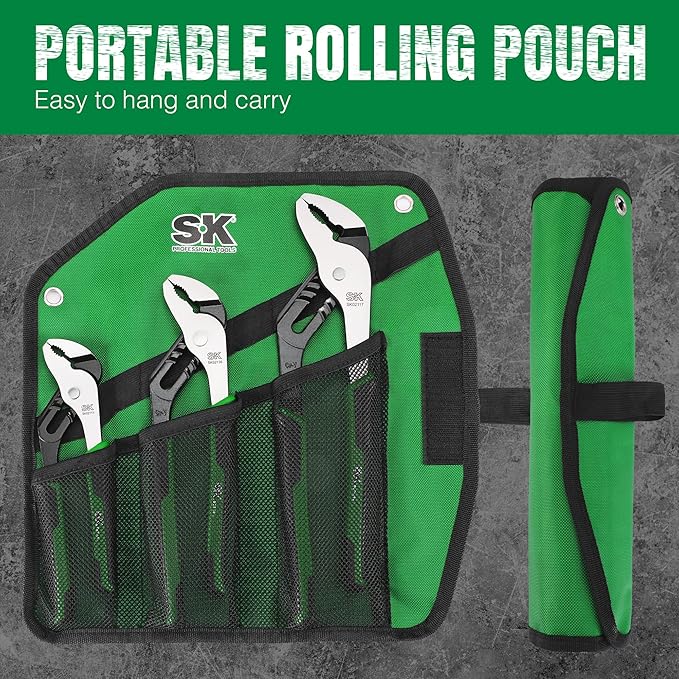 SK 3-Piece Groove Joint Pliers Set, Adjustable Water Pump Pliers, 8-inch, 10-inch, 12-inch, Premium CR-V Steel Construction, Serrated Jaw with Comfortable Grips, Organized in Rolling Pouch