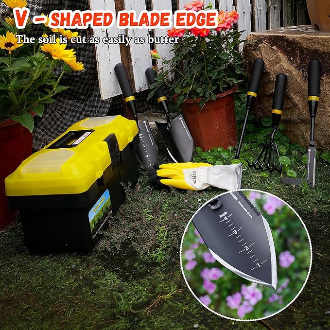6-Piece Garden Tool Set with Storage Box, Heavy Duty Stainless Steel Gardening Hand Tools for Planting Weeding Digging, Includes Trowel, Shovel, Cultivator, Weeder, Pruner and More