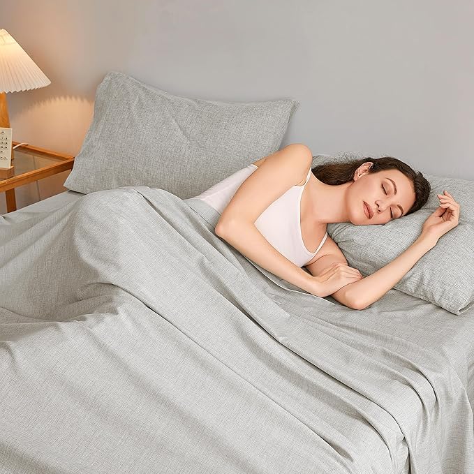 Full Sheets Light Grey, Ultral Soft Cationic Linen Look Sheets, Luxury Cooling Cozy Bed Sheet Set with Non-Slip Fitted Sheet