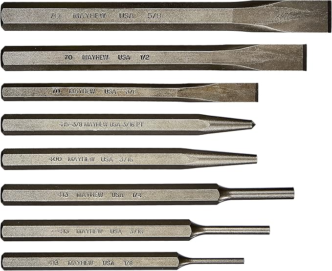 Mayhew Tools 61025 Punch and Chisel Set, Blast Finish, 8-Piece