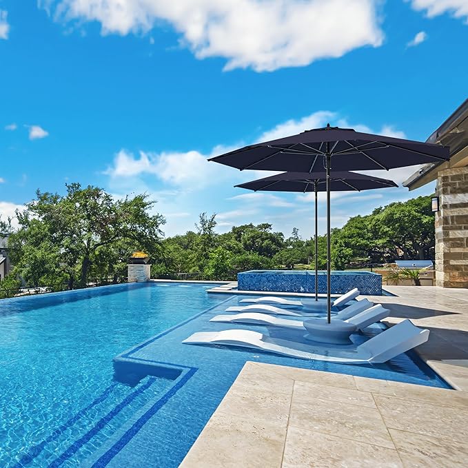 Midtown Umbrellas Push and Pop 10 Feet Outdoor Umbrella, Navy Blue Polyester Fabric - Fiberglass Ribs Deck Patio Umbrella, Backyard Umbrella, Garden Umbrella & Pool Umbrella - Black Pole