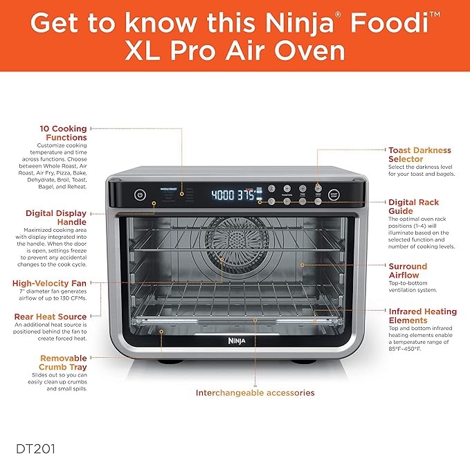Ninja DT201 Foodi 10-in-1 XL Pro Air Fry Digital Countertop Convection Toaster Oven with Dehydrate and Reheat, 1800 Watts, Stainless Steel Finish, Silver