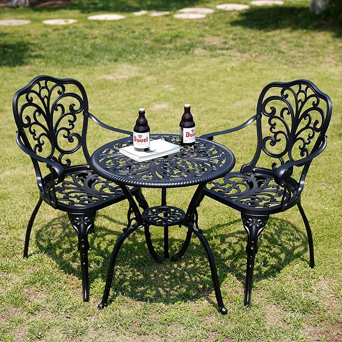 Bistro Set 3 Piece Outdoor, Bistro Table and Chairs Set of 2, All Weather Patio Bistro Set with Umbrella Hole, Patio Set for Garden, Black