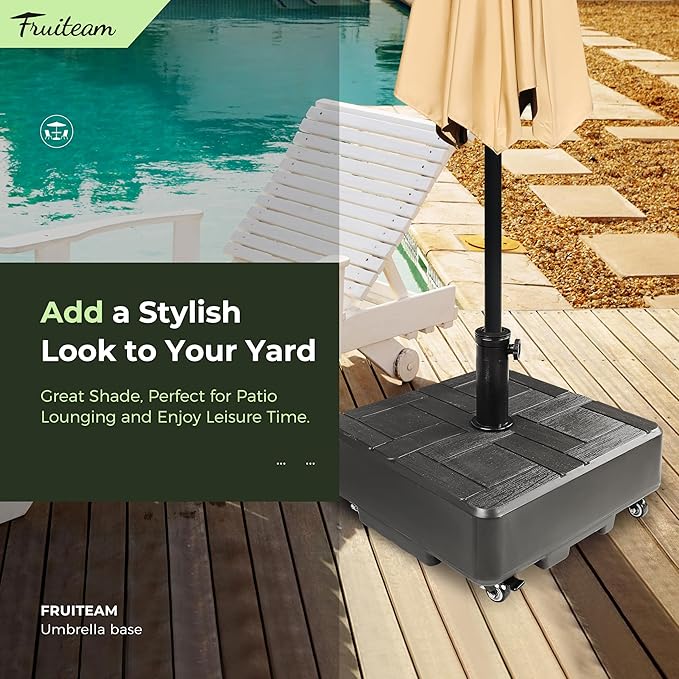 FRUITEAM Fillable Mobile Umbrella Base, 100 LBS Patio Umbrella Weight Base Heavy-Duty,Plastic Base Water & Sand Filled Umbrella Stand Holder with 4 Wheels, Easy to Move