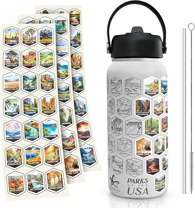 National Parks Water Bottle - Engraved Parks of the USA Bucket List Water Bottle - 63 National Park Stickers, Straw, Cleaning Set - Vacuum Sealed Stainless Steel Water Bottle - 32oz (White)