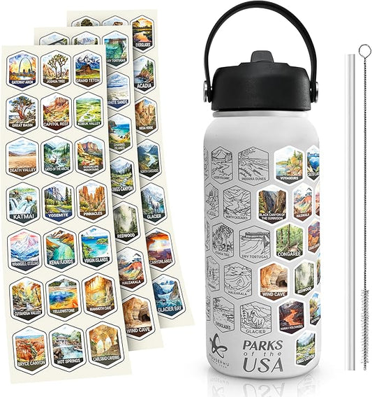 National Parks Water Bottle - Engraved Parks of the USA Bucket List Water Bottle - 63 National Park Stickers, Straw, Cleaning Set - Vacuum Sealed Stainless Steel Water Bottle - 32oz (White)