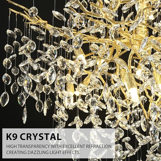 H65'' Gold Crystal High Ceilings Chandeliers Staircase Chandeliers Modern Crystal Tree Branch Chandelier, D48'' Foyer Chandelier for High Ceiling Luxury Large Living Room Chandelier, 27-Lights
