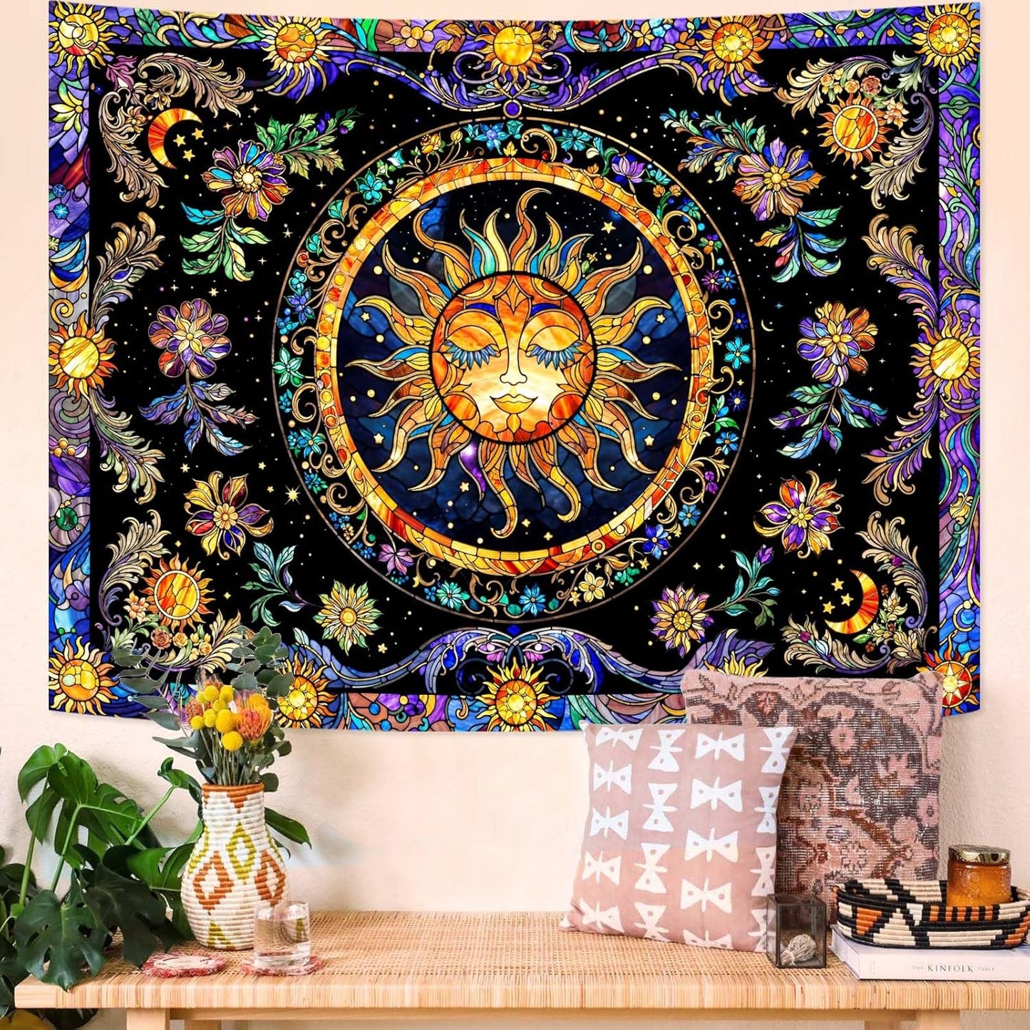Lunerfex Sun Tapestry Stained Glass Tapestry Wall Decor Tapestries for Bedroom Boho Tapestries Wall Hanging for Bedroom Living Room Glass-Sun-01 70"x90"
