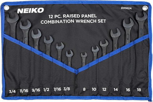 NEIKO 03582A Combination Wrench Set, 12 Pc Raised Panel Combo Wrenches Set, Metric and Standard, Black Oxide Drop Forged Carbon Steel, Mechanic Open End Wrench Set, Small Box End Wrench Set SAE & MM