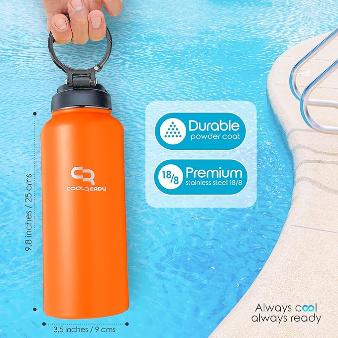 40oz Orange Water Bottle Stainless Steel - With Handle Straw Lid, Coffee Thermos, Chug Water Bottle - Double Walled Stainless Metal Water Bottle - Gym, Outdoor, Office – Leak Proof