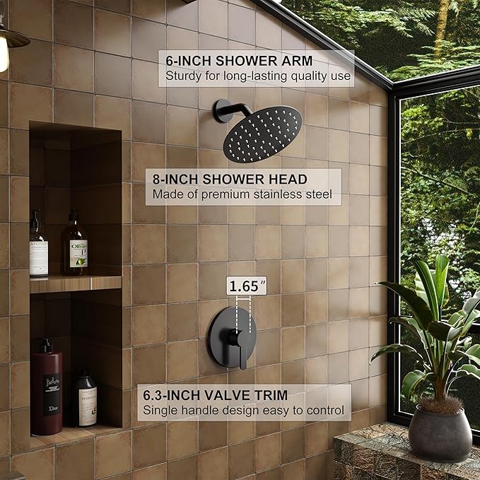 Shower Faucet, Black Shower Faucet Set with 8-Inch Rainfall Showerhead, Single-Handle Shower-Trim Kit Included Valve, Matte Black