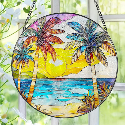 Stained Glass Window Hanging, 8 Inch Beach Sunset Stained Glass Suncatcher, Window Hanging Decor, Beach Lover Home Decor, Seabeach Sunrise Suncatcher, Gift for Mom Grandma