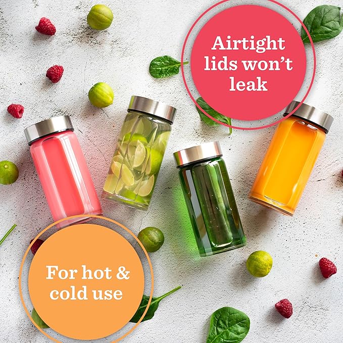 Juice Bottles - 4 Pack Wide Mouth Glass Bottles with Lids - for Juicing, Smoothies, Infused Water, Beverage Storage - 10oz, BPA Free, Stainless Steel Lids, Leakproof, Reusable, Borosilicate