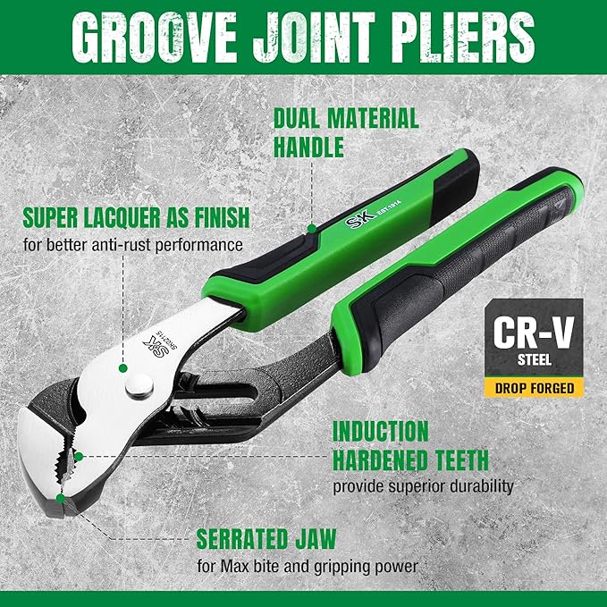 SK 8-Inch Groove Joint Pliers, Water Pump Pliers, Premium CR-V Steel Construction, Serrated Jaw with Comfortable Grips