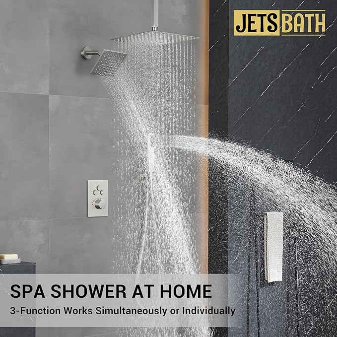 Thermostatic Dual Shower Heads System with Ceiling 12-Inch Rainfall Shower & Wall Mount 6-Inch High Pressure Shower Head, Brushed Nickel Bathroom Shower Faucet Set with Handheld Sprayer