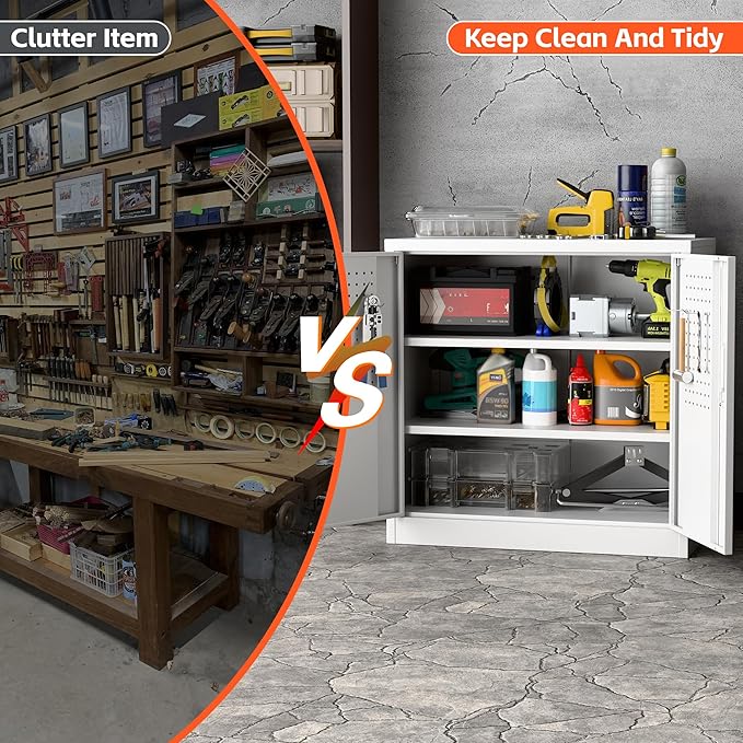 Metal Storage Cabinets with Pegboards and Hooks, 31.5" H Metal Garage Cabinets with Locking Doors and 2 Adjustable Shelves for Home,Office,Garage,School,Assembly Required,White