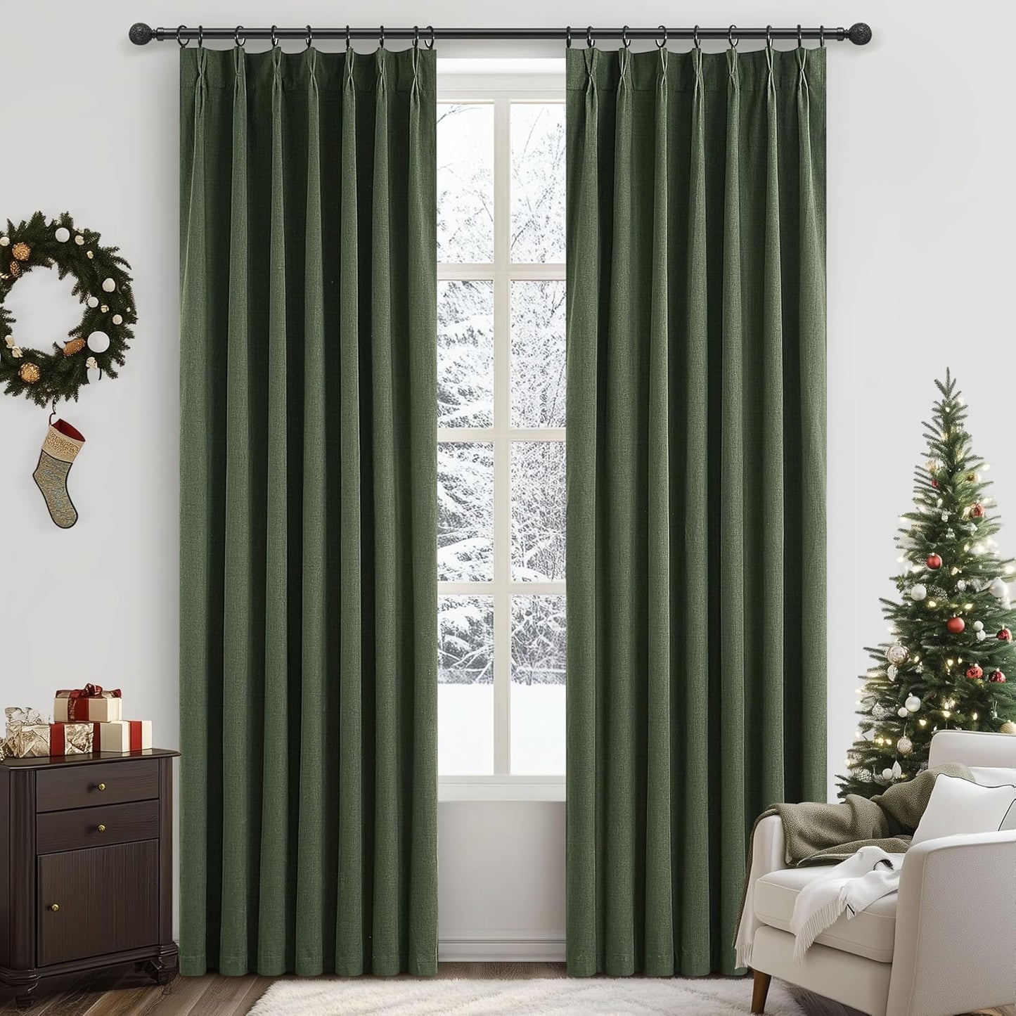 Extra Long Curtain Panels 96 Inches Long Window Curtains & Drapes for Living Room 2 Panels Set Organic Basics Backout Curtains Linen Pinch Pleated for Traverse Rods Dark Academia Olive Green