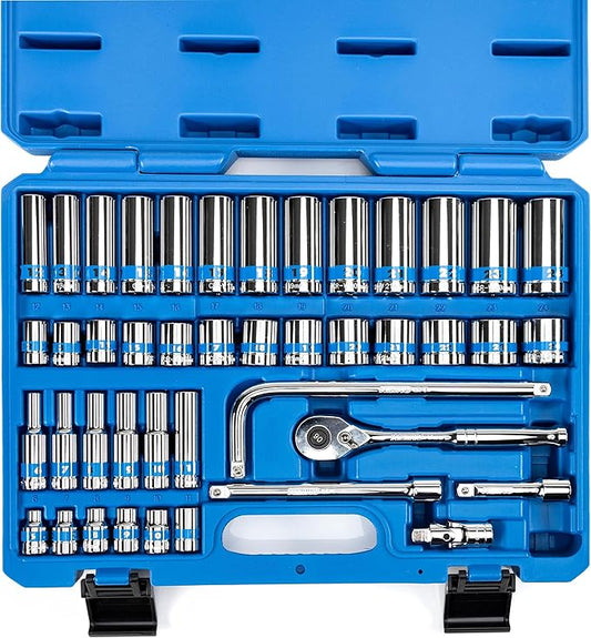 NEIKO 02512A 3/8” Drive Socket Set with Quick Release Ratchet (90 Tooth), 43 Piece Standard and Deep Metric Sizes, 6mm to 24mm, 6 Point, Universal Joint, 3/8” Extension Bars, Made with CR-V Steel