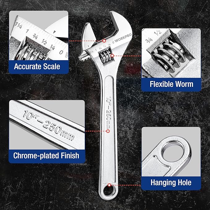WORKPRO 3-Piece Adjustable Wrench Set, Forged Carbon Steel, Chrome-Plated, SAE & Metric Scale (6-inch, 8-inch, 10-inch)