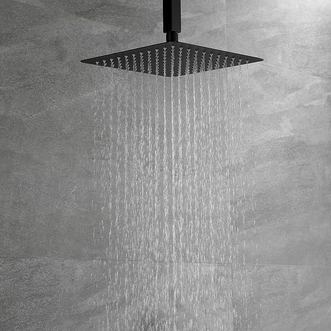 Ceiling Mounted Rain Shower System, SHAMANDA Luxury Brass Shower Faucet Set with 12 Inch Shower Head and Hand Shower(Including Rough-In Valve Body and Trim), Matte Black, LCM701-7